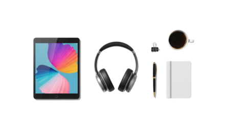 Top view of workplace with tablet, headphones, coffee, pen and notepad isolated PNG with Transparent Background