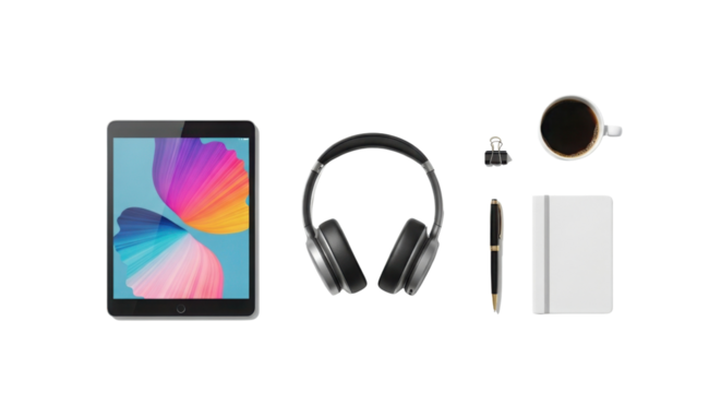 Top view of workplace with tablet, headphones, coffee, pen and notepad isolated PNG with Transparent Background