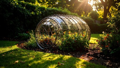 Glass Greenhouse in Garden with Sunbeams Shining Through