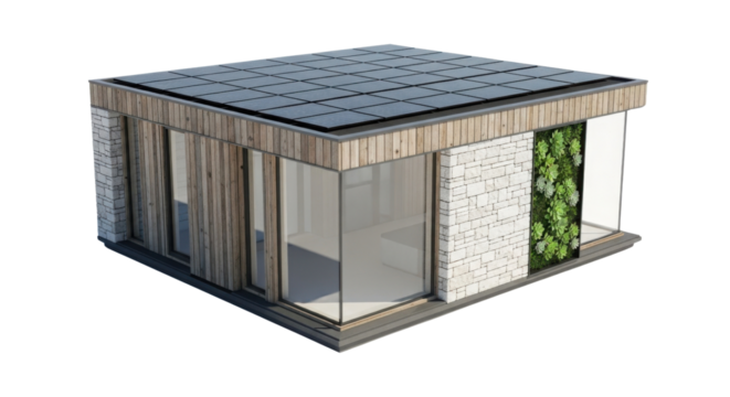 Sustainable tiny home architecture with solar panels isolated PNG with Transparent Background
