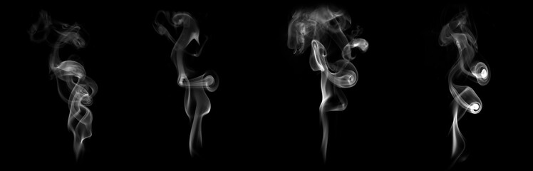 Abstract smoke swirls rising on black background, isolated vapor shapes perfect for design, fire, incense, mystic atmosphere, or creative overlay effect in digital art and graphic projects.