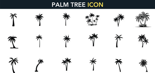 Palm tree silhouette outline set tropical side view, vector line drawing elements for architectural landscape design. Stroke illustration graphics on white background