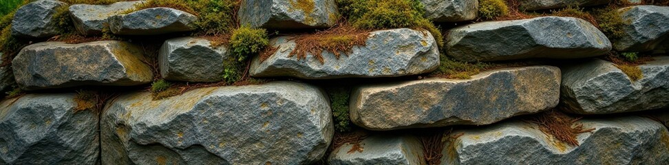 Obraz premium Ancient dry stone wall with moss and lichen growing on its surface, ancient, moss