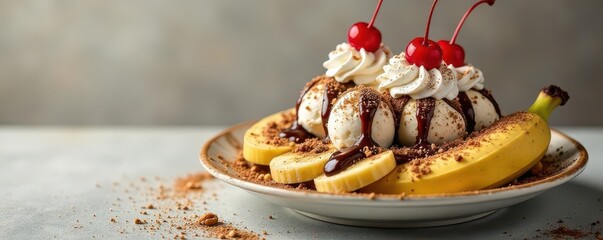 Classic banana split dessert, three scoops ice cream, whipped cream, cherries, nuts, chocolate sauce , closeup, banana split