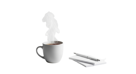 Hot cup of coffee or tea with notepad and pen isolated PNG with Transparent Background