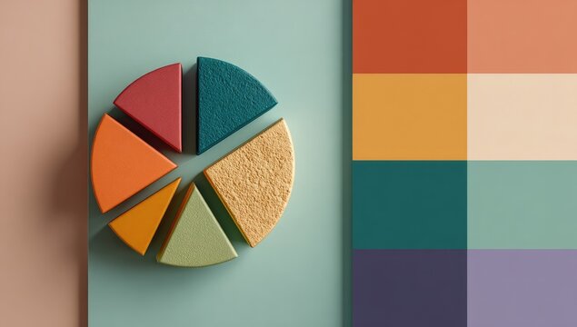 Colorful pie chart on pastel background with color swatches