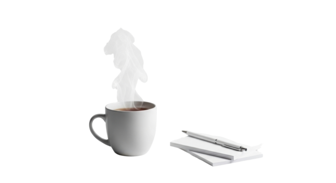 Hot cup of coffee or tea with notepad and pen isolated PNG with Transparent Background