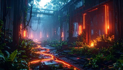 Glow Path Through Overgrown Structure with Greenery and Neon Lighting