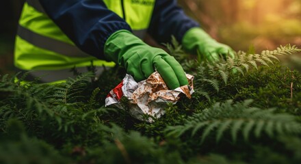 Naklejka premium Person cleaning litter in green forest