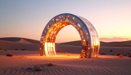 Glowing Arch Structure in Desert at Sunset Atmospheric Scene