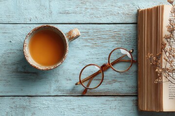 A cup of tea, eyeglasses, and an open book on a light blue wooden table