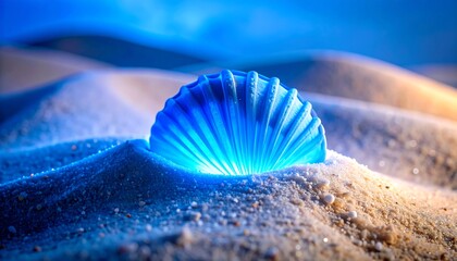 Glowing Blue Seashell in Sand with Dreamy Light