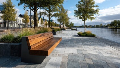 Wooden park bench by a canal. Sunny cityscape view