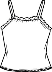 Camisole fashion illustration, sleeveless top sketch, thin strap blouse drawing, ruffled neckline garment design, black and white vector art