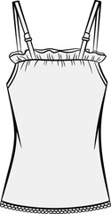 Camisole fashion illustration, adjustable strap top sketch, ruffled neckline blouse drawing, lace trim garment design, black and white vector art