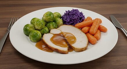 a holiday roast dinner plate with a focus on the side dishes.A slice of roast turkey is in the center  surrounded by bright green roasted Brussels sprouts,orange roasted carrots,a small pile of purple