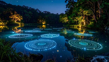 Glowing Circles on Calm Water at Night Forest Scene