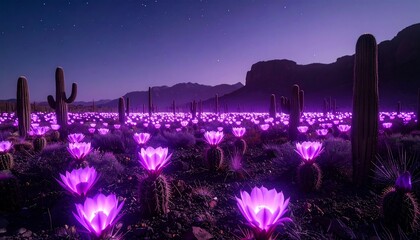 Glowing Cactus Flowers at Night in a Desert Landscape