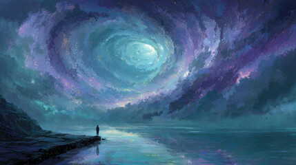 Person standing before cosmic swirling sky