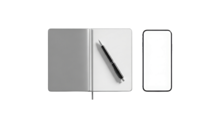 Open notebook with pen and blank screen mobile phone mockup isolated PNG with Transparent Background