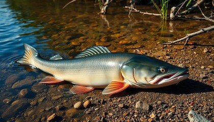 Obraz premium Large solitary river catfish, lying on riverbank, showing detail, sediment, grey
