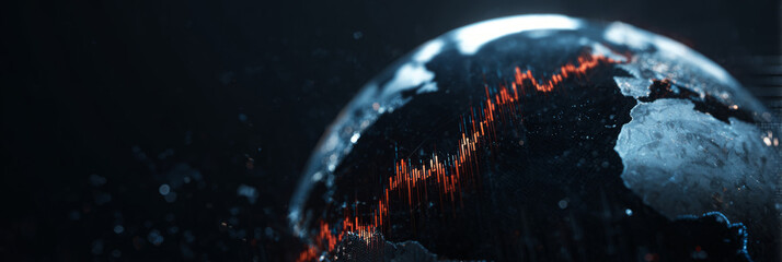 Stylized dotted world map overlaid with stock market data, charts, and gridlines
