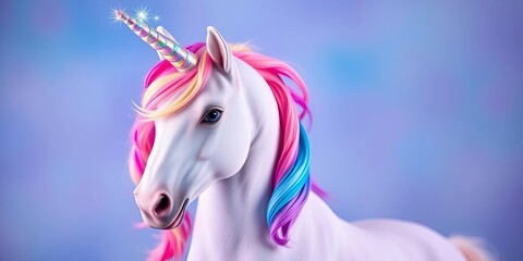 Pastel rainbow unicorn with sparkling horn and mane, whimsical pose,  art,  horn
