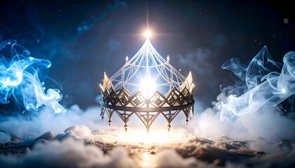 Glowing Crown Floating Above Wispy Clouds Surrounded by Smoke and Light