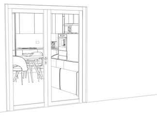 A contour drawing of a kitchen interior features a table with chairs and a bowl, alongside cupboards and a microwave oven.
