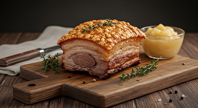 a slow-cooked pork belly with a bubbly crackling skin served on a worn wooden board.A sprigs of fresh thyme,a side of applesauce are the only garnishes.The lighting is soft,warm,like a cozy afternoon. - Powered by Adobe