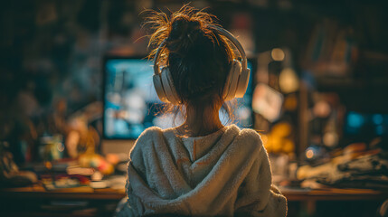 Obraz premium Back view of Young Asia teen girl student wears headphones distance learning lesson with online teacher and study on computer screen at home. Social distancing, quarantine for corona virus prevention.