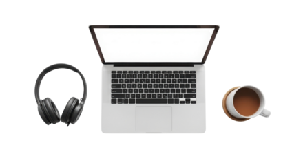 Overhead view of a laptop with headphones and a cup of coffee isolated PNG with Transparent Background