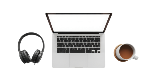 Overhead view of a laptop with headphones and a cup of coffee isolated PNG with Transparent Background