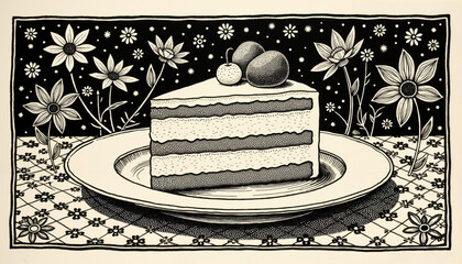 Cake slice on patterned napkin with floral design and decorative plate  