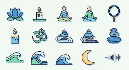 Collection of yoga and meditation themed vector icons including lotus flower, candle, and meditating figures