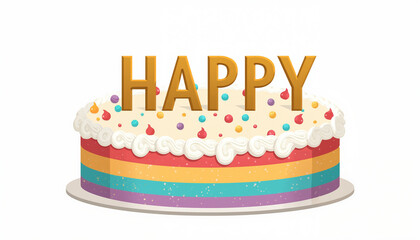 Colorful cake topper with golden letters spelling 'HAPPY' on dessert  
