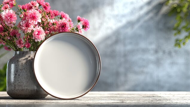 Empty white plate, vase of pink flowers, muted backdrop - Powered by Adobe