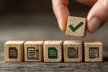 Digital document approval and digital management system(DMS) concept with wooden cubes, icons, and green check mark symbolizing workflow automation and security.