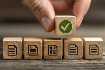 Digital document approval and digital management system(DMS) concept with wooden cubes, icons, and green check mark symbolizing workflow automation and security.