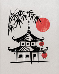 Traditional japanese pagoda with bamboo and red sun