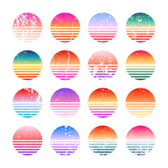 Grunge vintage colorful sunset. Striped gradient sunrise badges in 80s and 90s style. Sun and ocean view, summer vibes, surfing. Design element for print, logo or t-shirt. Vector illustration