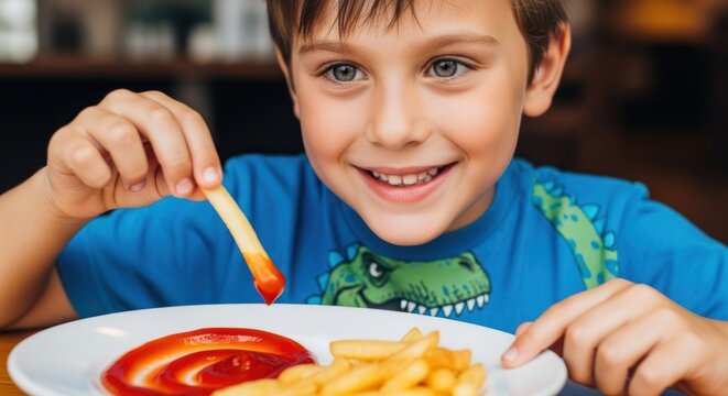 A young boy eating a plate of fries and ketchup with a dinosaur shirt. - Powered by Adobe