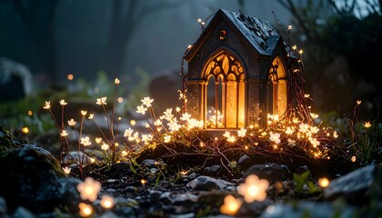 Glowing Decorative Structure Surrounded by Illuminated Flowers in a Forest