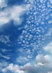 鱗雲、ひつじ雲が浮かび、低い雲も流れている高低差、立体感を感じる秋の空の背景イラスト素材　