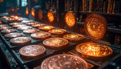 Glowing Disc Artifacts on Display in Dark Interior