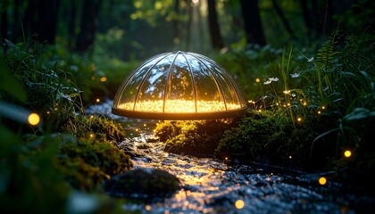 Glowing Dome Over Stream in Forest Landscape with Light