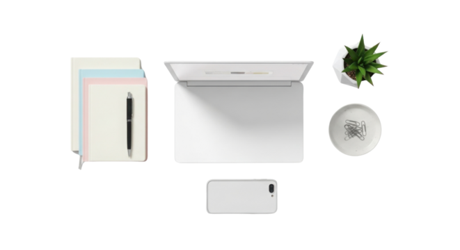 Overhead view of a desk with laptop, phone, notes, pen and plant isolated PNG with Transparent Background