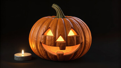 Obraz premium Halloween carved pumpkin glowing by candle on dark background budget friendly cozy autumn