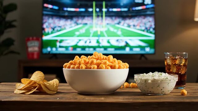 Game-day snacks on wood table, football on TV
