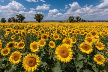 Expansive sunflower field under a bright blue sky with fluffy clouds creating a picturesque rural landscape backdrop representing natural beauty and agricultural richness